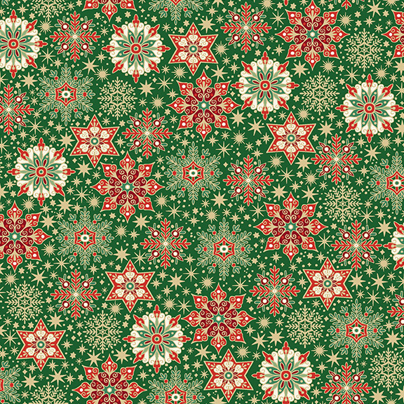 intricate snowflakes and ornate starbursts in shades of white, metallic gold, green, and red, scattered across a shamrock green background with delicate gold stars.