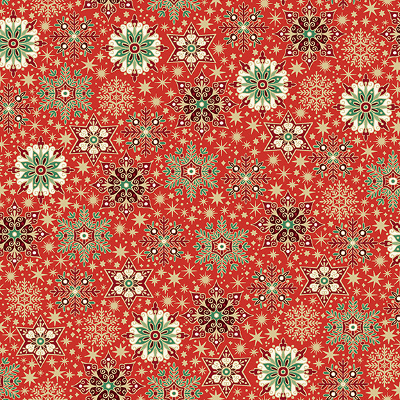 intricate snowflakes and ornate starbursts in shades of white, metallic gold, green, and red, scattered across a bright red background with delicate gold stars.