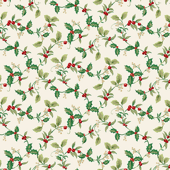 fabric featuring delicate holly branches with vibrant red berries, soft green leaves, and clusters of cream berries scattered across a soft cream background.