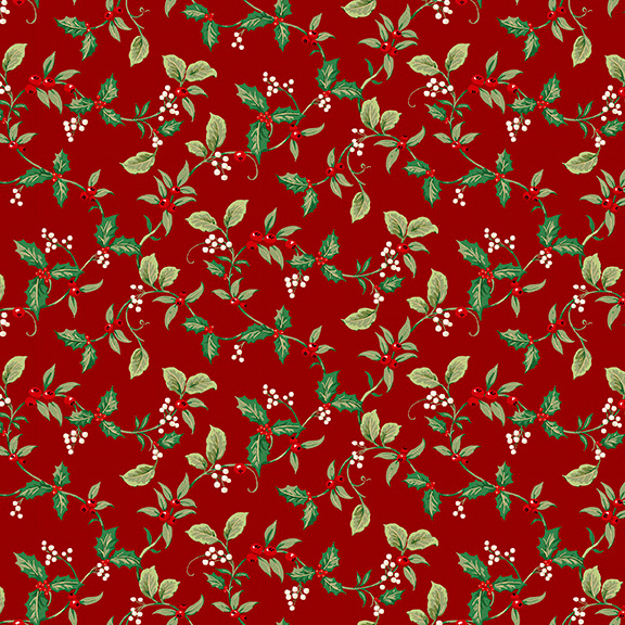 fabric featuring delicate holly branches with vibrant red berries, soft green leaves, and clusters of white berries scattered across a deep red background.