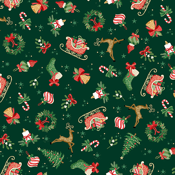 fabric featuring festive sleighs, reindeer, stockings, candy canes, wreaths, ornaments, and decorated Christmas trees on a deep forest green background.