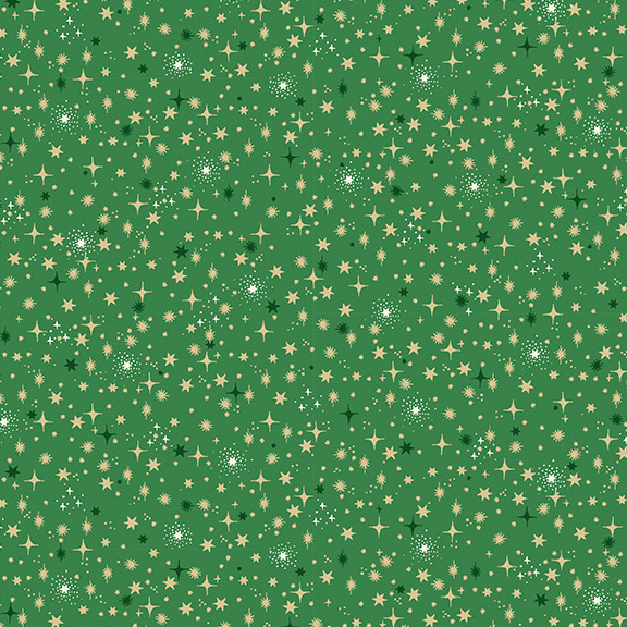 medium green fabric featuring twinkling stars in shades of metallic gold, dark green, and cream.