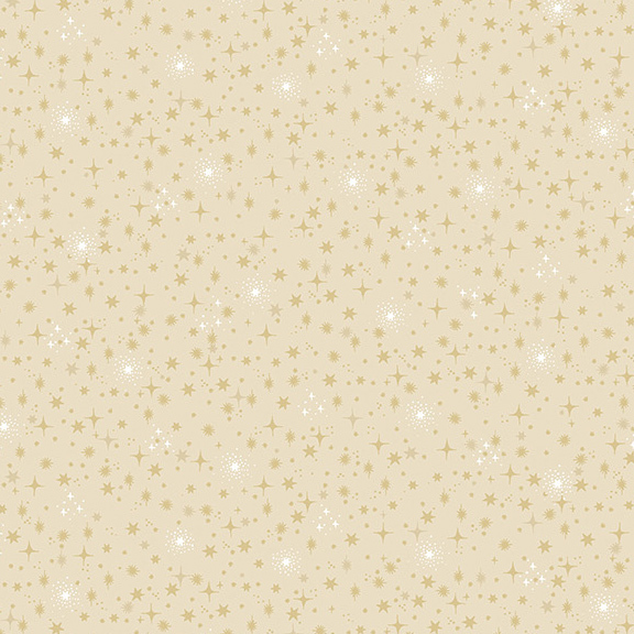 Cream fabric featuring twinkling stars in shades of metallic gold, beige and white.