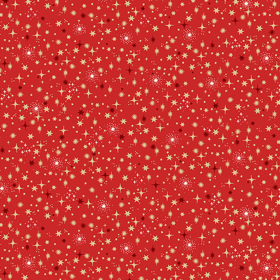 Christmas red fabric featuring twinkling stars in shades of metallic gold, dark red, and cream.