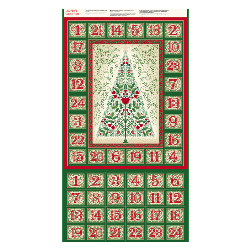green advent calendar panel featuring an ornate Christmas tree framed by a sets of 24 numbered squares for counting down to Christmas with another set below..