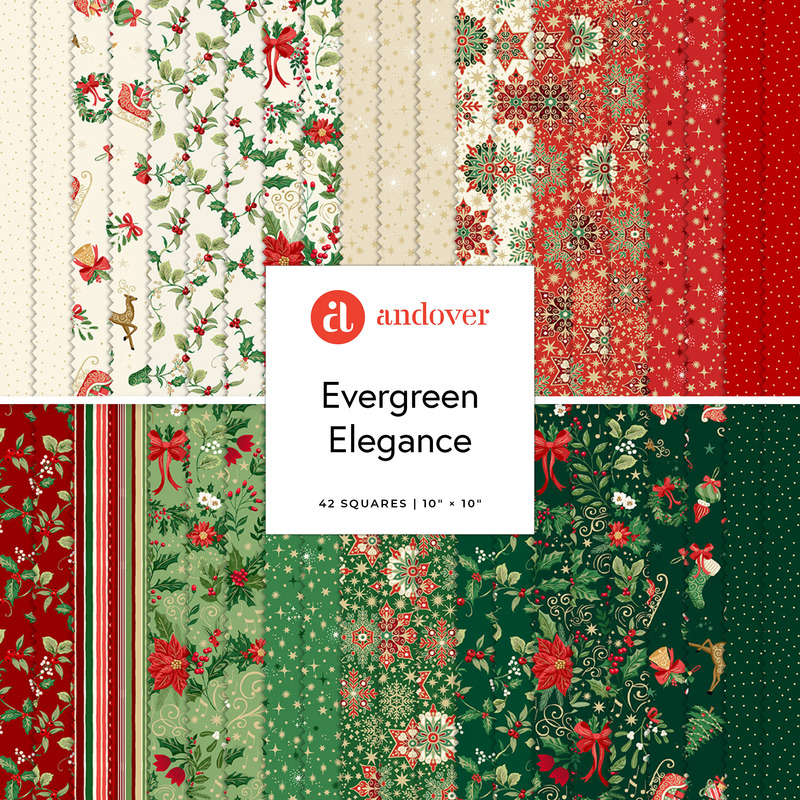 Square collage of red, green, and cream metallic Christmas fabrics.