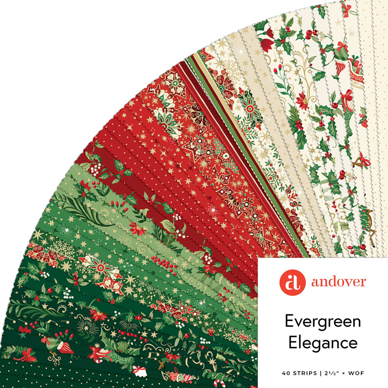 Fanned collage of red, green, and cream metallic Christmas fabrics.
