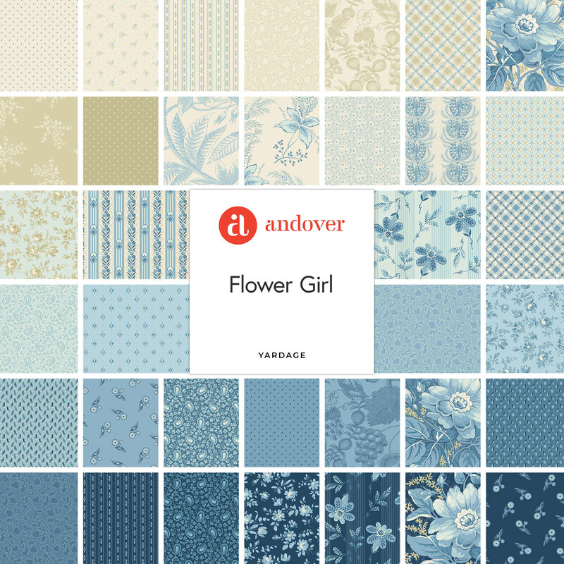 A collage of blue and white fabrics from the Flower Girl collection by Andover fabrics. 