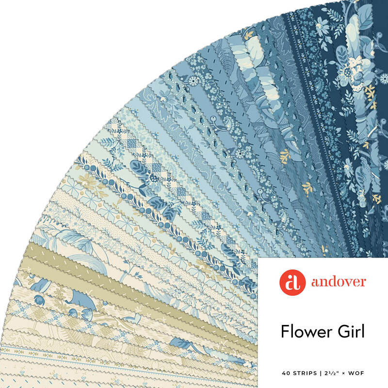 A fanned collage of blue and white fabrics from the Flower Girl collection by Andover fabrics. 
