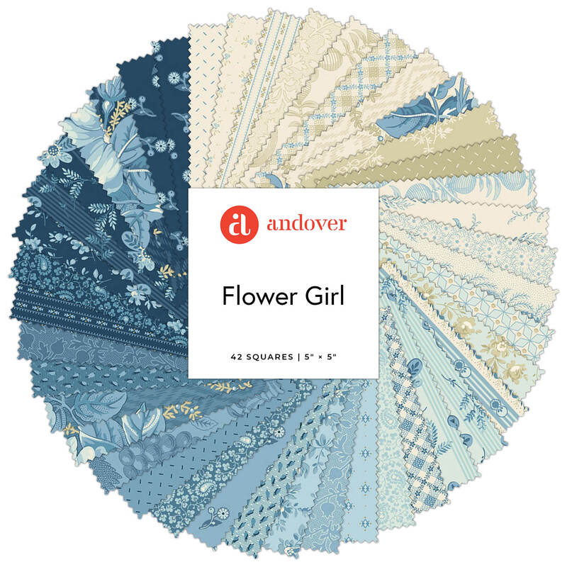 A collage of blue and white fabrics from the Flower Girl collection by Andover fabrics. 