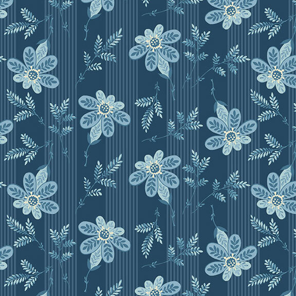 Dark blue fabric with scattered blue flowers and rows of tonal stripes.