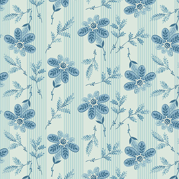 Light blue fabric with scattered blue flowers and rows of tonal stripes.