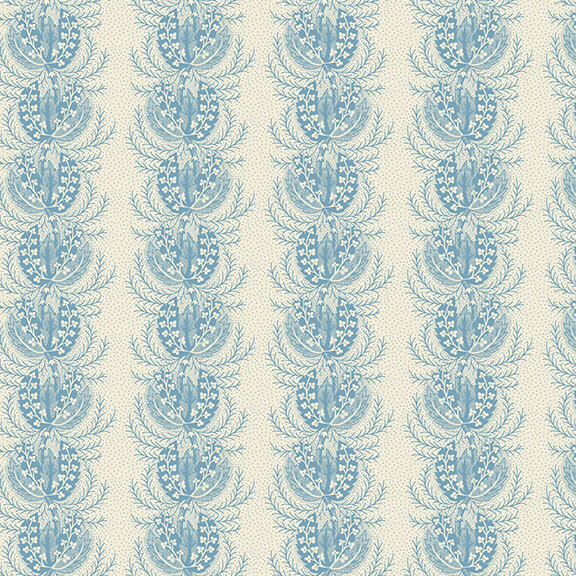 Cream fabric with rows of light blue leaf clusters.