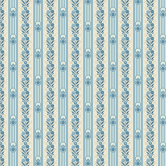 Striped cream and blue fabric, interspersed with rows of blue leaves and berries.