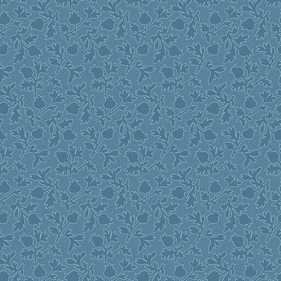 Blue fabric with tossed tonal flowers and stems.