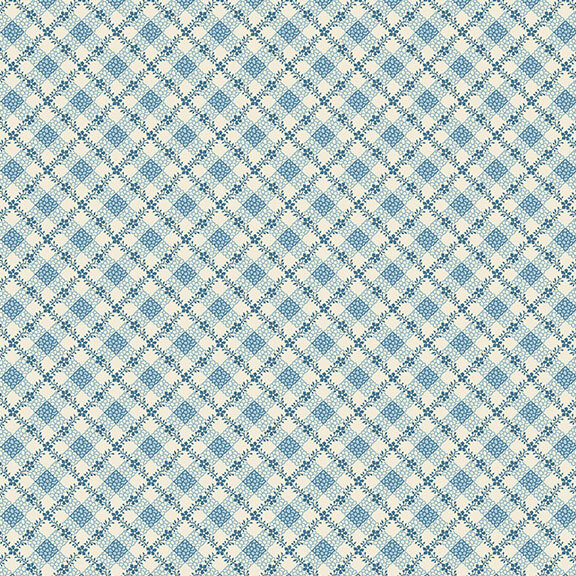 Diagonal blue and cream gingham with a grid of interlocking flowers.