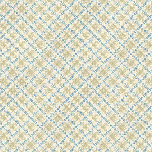 Diagonal tan and cream gingham with a grid of interlocking blue flowers.