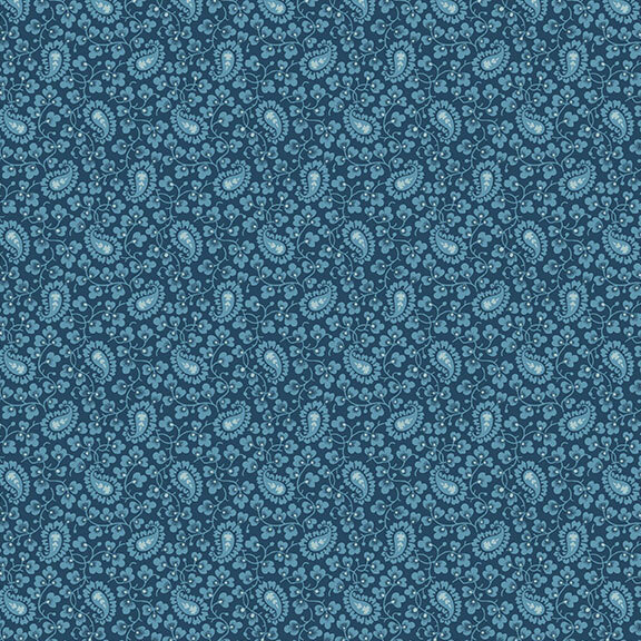 Dark blue fabric with a floral and paisley pattern.