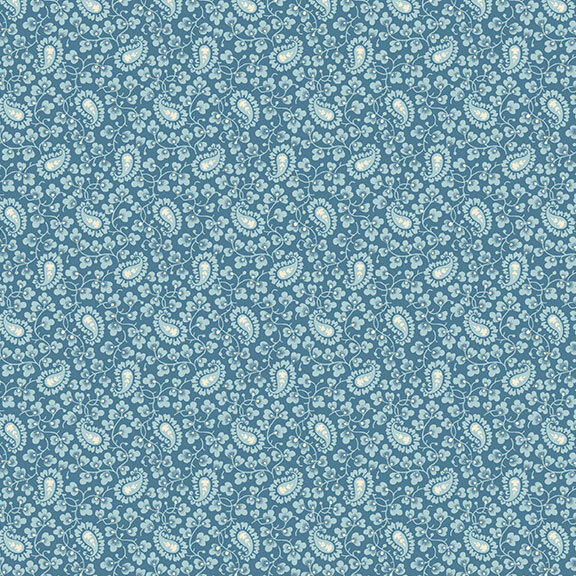 Blue fabric with a floral and paisley pattern.