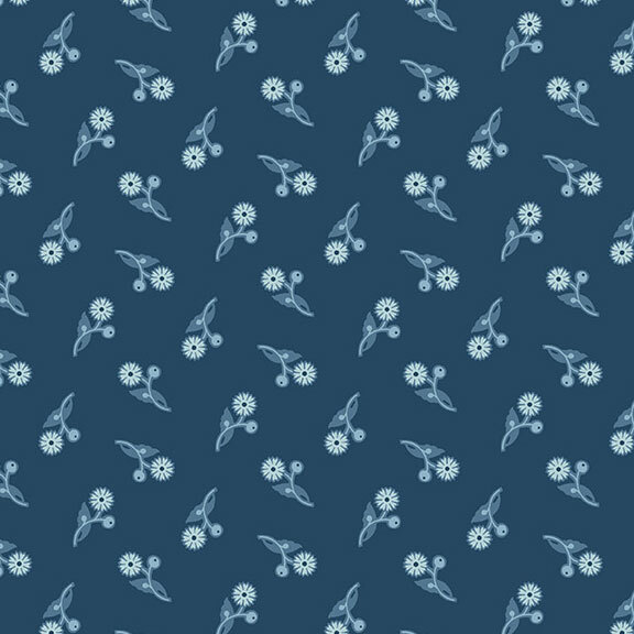 Dark blue fabric with dandelion flowers that rotate 90 degrees in each direction.