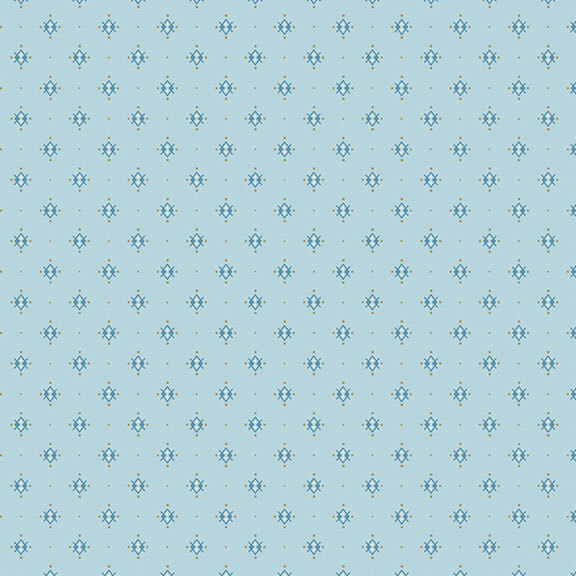 Aqua fabric with an abstract pattern of geometric motifs.