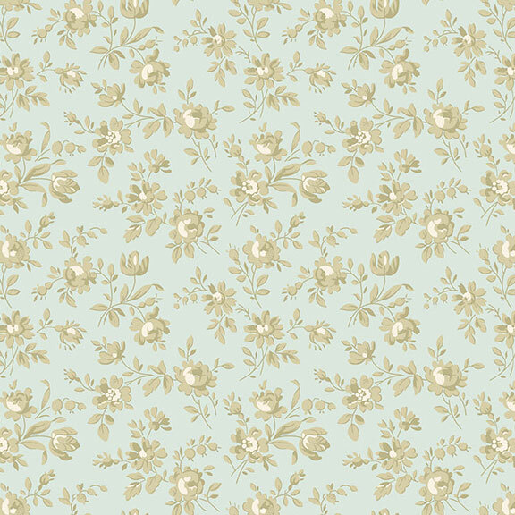 Aqua fabric with a pattern of florals on leafy vines.