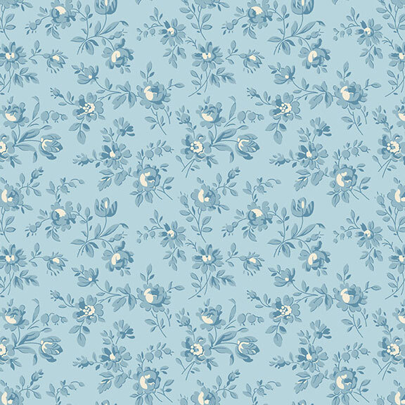 Aqua fabric with a pattern of florals on leafy vines.