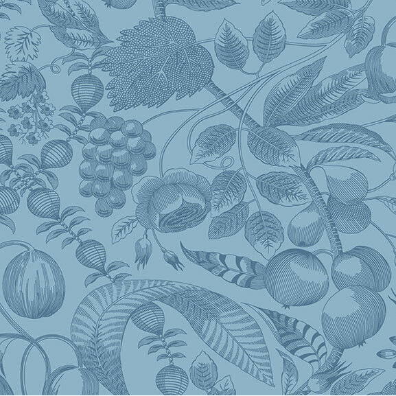 Blue fabric with a pattern of stylized tonal florals and leaves.