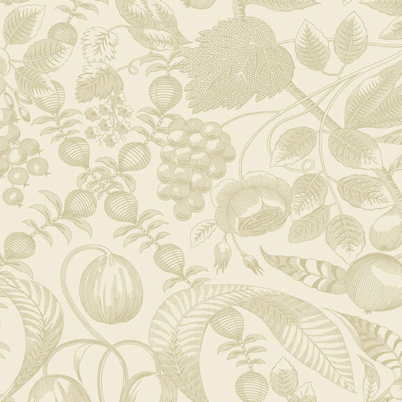 Cream fabric with a pattern of stylized tonal florals and leaves.
