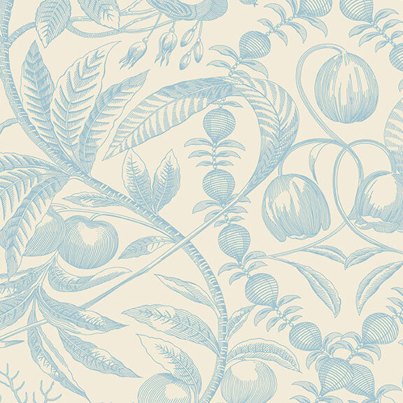Cream fabric with a pattern of stylized blue florals and leaves.