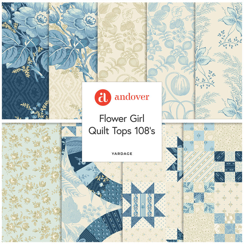 A collage of blue and white fabrics from the Flower Girl Quilt tops collection by Andover fabrics. 