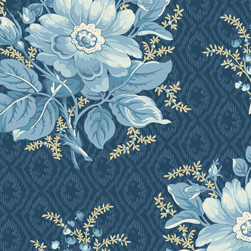 Blue fabric with a stylized pattern of large florals.