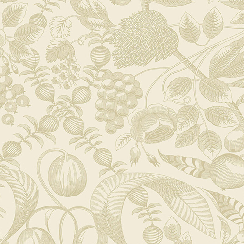 Cream fabric with a pattern of stylized tonal leaves and sprigs.