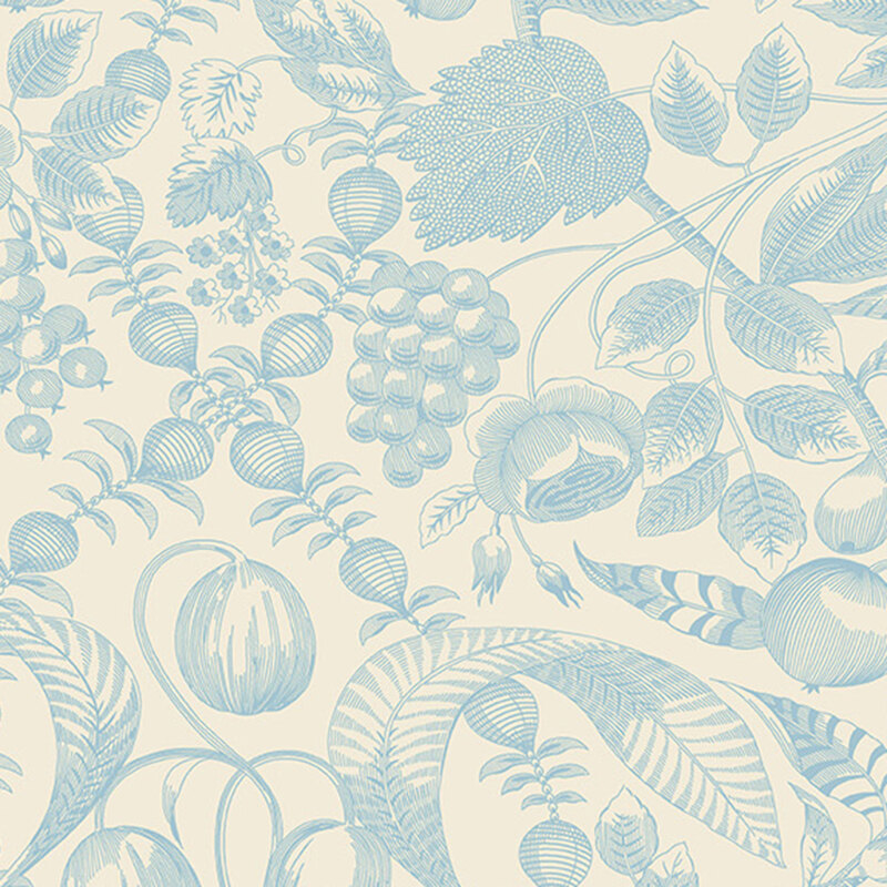 Cream fabric with a pattern of stylized blue leaves and sprigs.