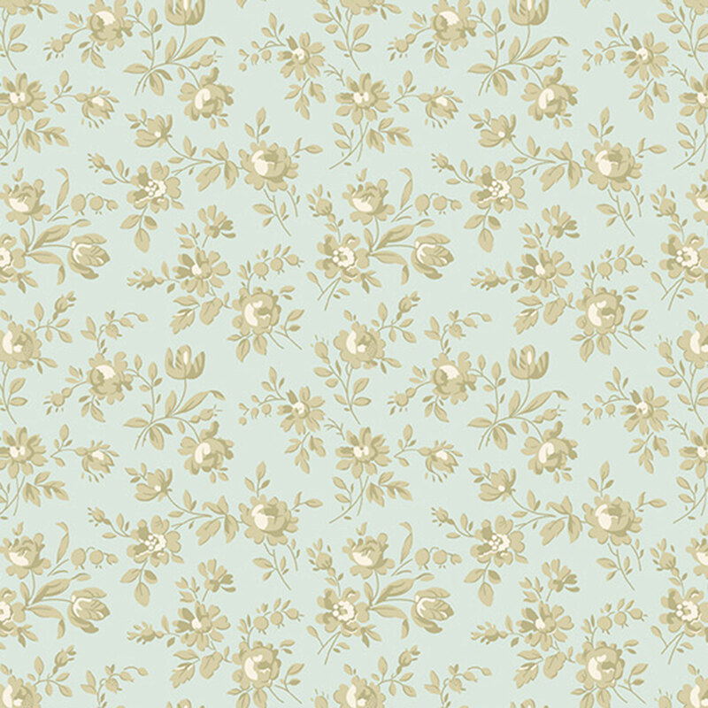 Light aqua fabric with a tossed pattern of green florals.