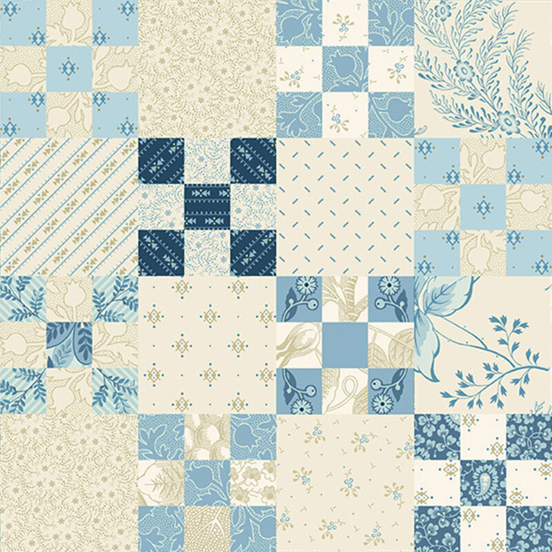 Cream fabric with a stylized blue geometric lattice cheater pattern.