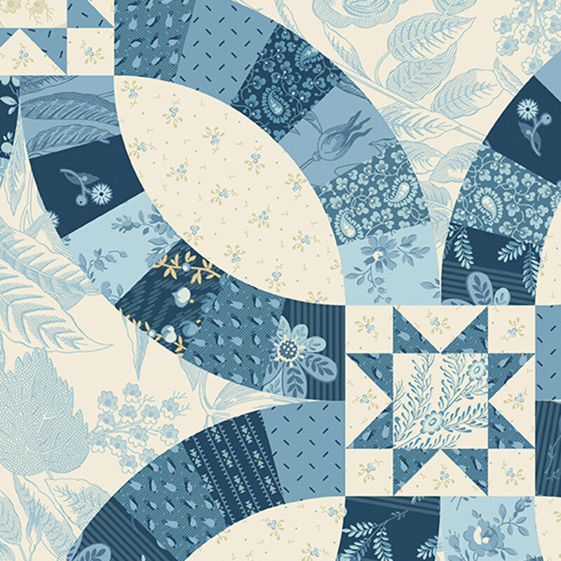 Cream cheater print fabric with block star and knot designs.