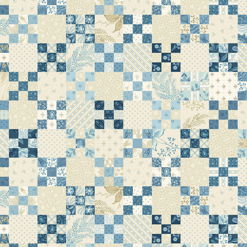 Cream fabric with a nine patch block cheater pattern.