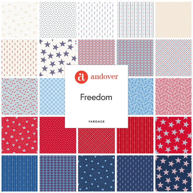 Pattern swatch collage with a central “andover Freedom” label and various red, white, and blue prints.