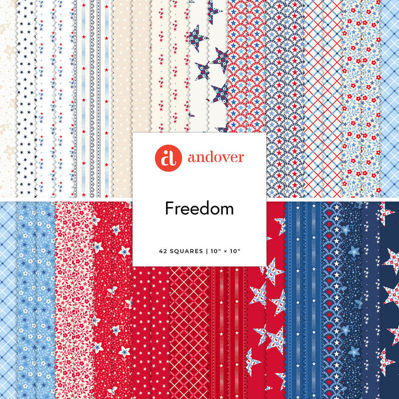 Assorted red, white, and blue quilt fabric swatches with an Andover “Freedom” label centered.