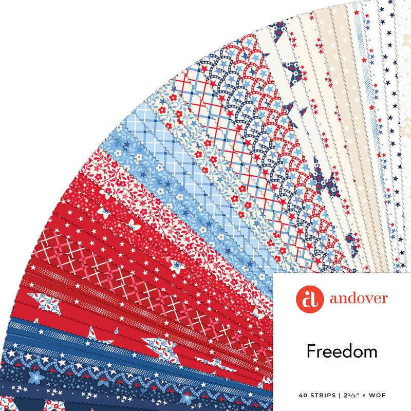 Quilted fan of red, white, and blue fabric strips with Andover “Freedom” label.