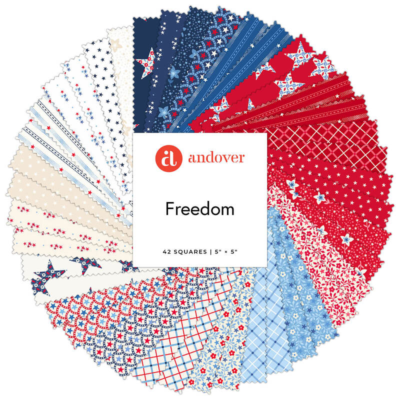 Assorted red, white, and blue quilt fabric squares fanned in a circle with andover Freedom label.