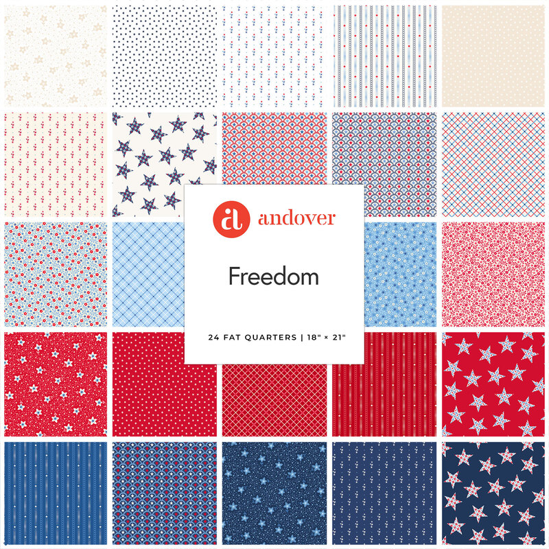 Pattern swatch collage centered on “andover Freedom” fabric label.
