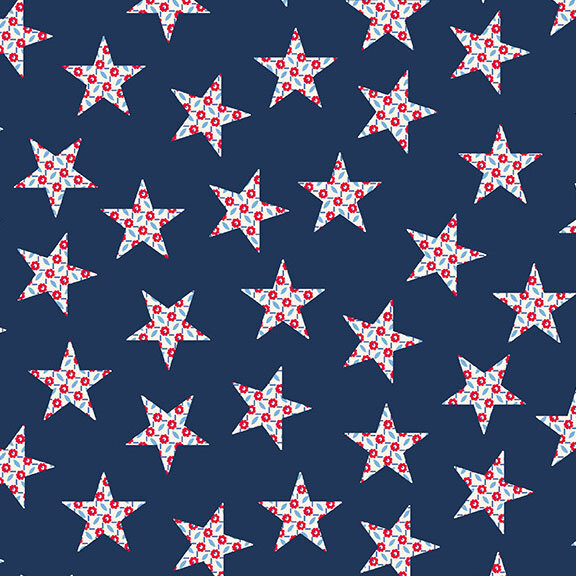 A navy blue fabric with scattered white stars containing red florals.