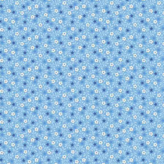 A light blue fabric whit packed white florals, blue stems, and dark blue stars.