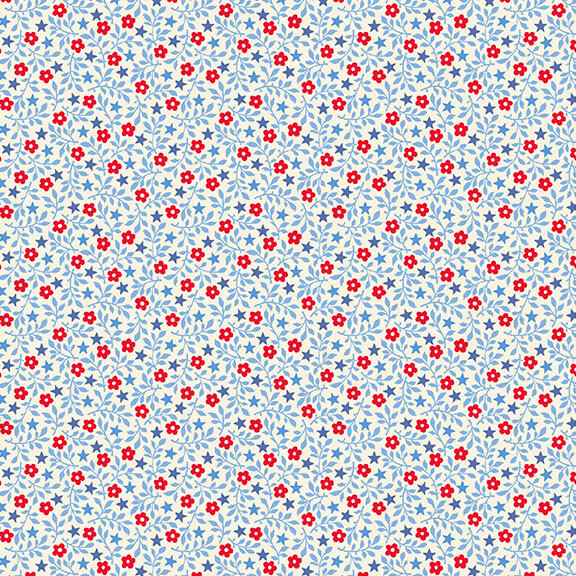 A white fabric with packed red florals, blue stems, and blue stars.