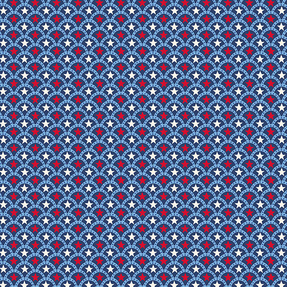 A navy blue fabric with light blue arches containing red and white stars.