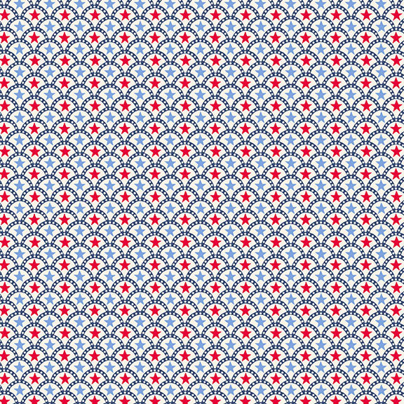 A white fabric with navy blue arches containing light blue and red stars.