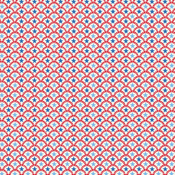 A white fabric with red arches containing light blue and blue stars.