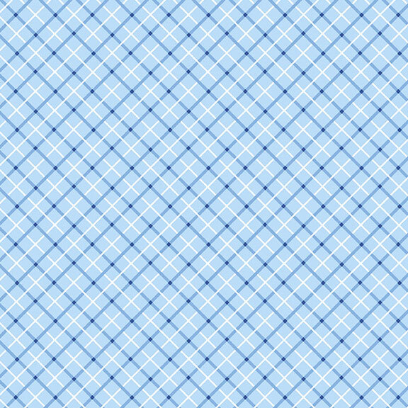 A light blue fabric with intersecting white and dark blue diagonal lines.